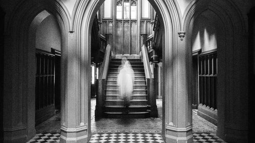 Black and white image of the inside of Wray castle showing a ghostly figure